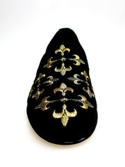 Load image into Gallery viewer, LIRIO CRUZADO (MS20) - Mocassino in Camoscio Nero Ricamo Giglio in Oro Forma Lunga
