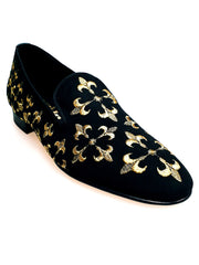 Load image into Gallery viewer, LIRIO CRUZADO (MS20) - Mocassino in Camoscio Nero Ricamo Giglio in Oro Forma Lunga

