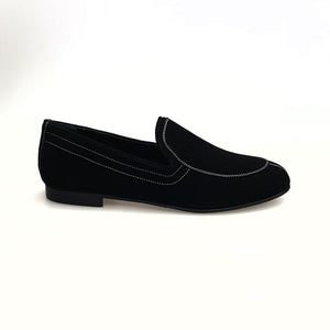 ROMEO (800K) - Mocassino Camoscio Nero cuciture bianche Foderato in Pelle Nera