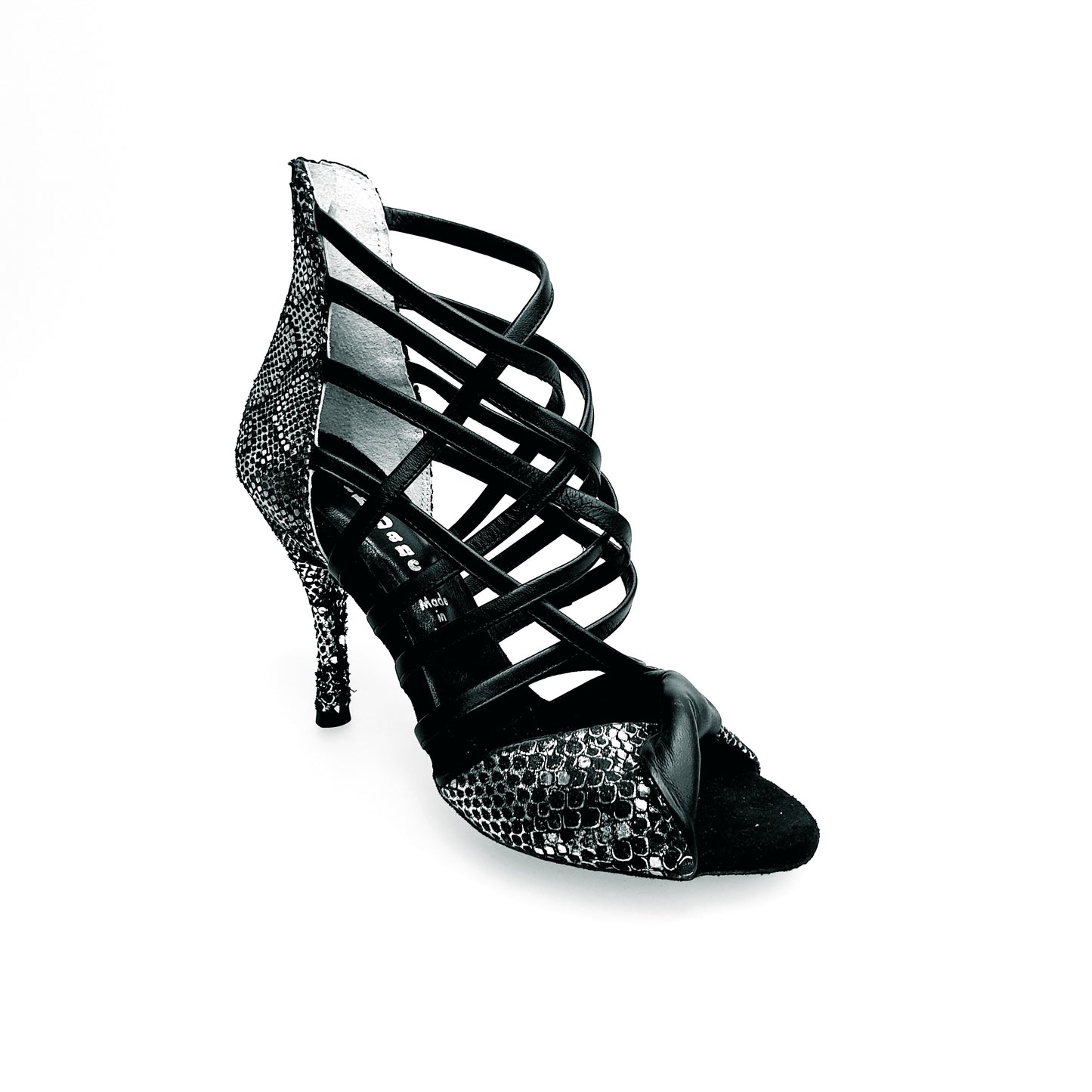 Sandalo donna Natalia (360) Wish Dance Shop in pitone argento con fasce in pelle nera, elegante e comodo.