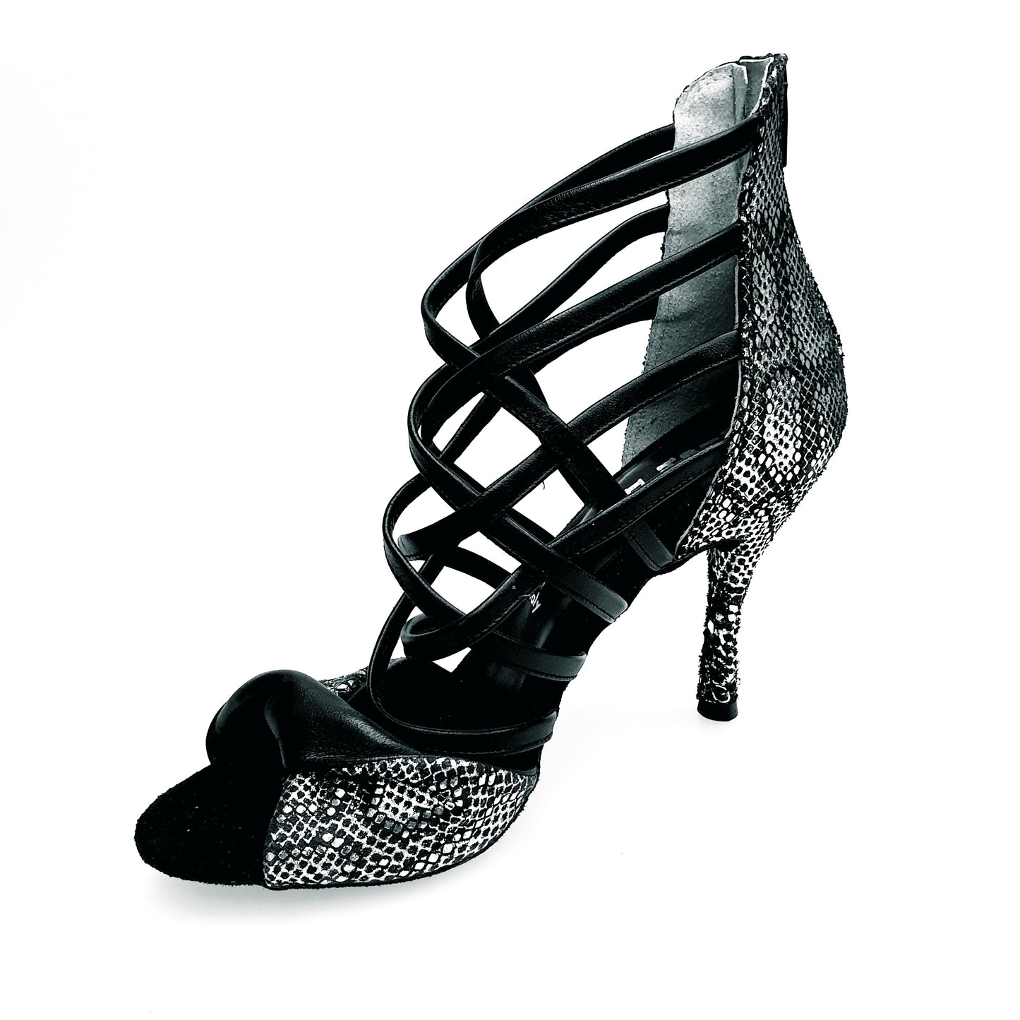 Sandalo donna Natalia (360) Wish Dance Shop in pitone argento con fasce in pelle nera, dettagli eleganti e moderni.