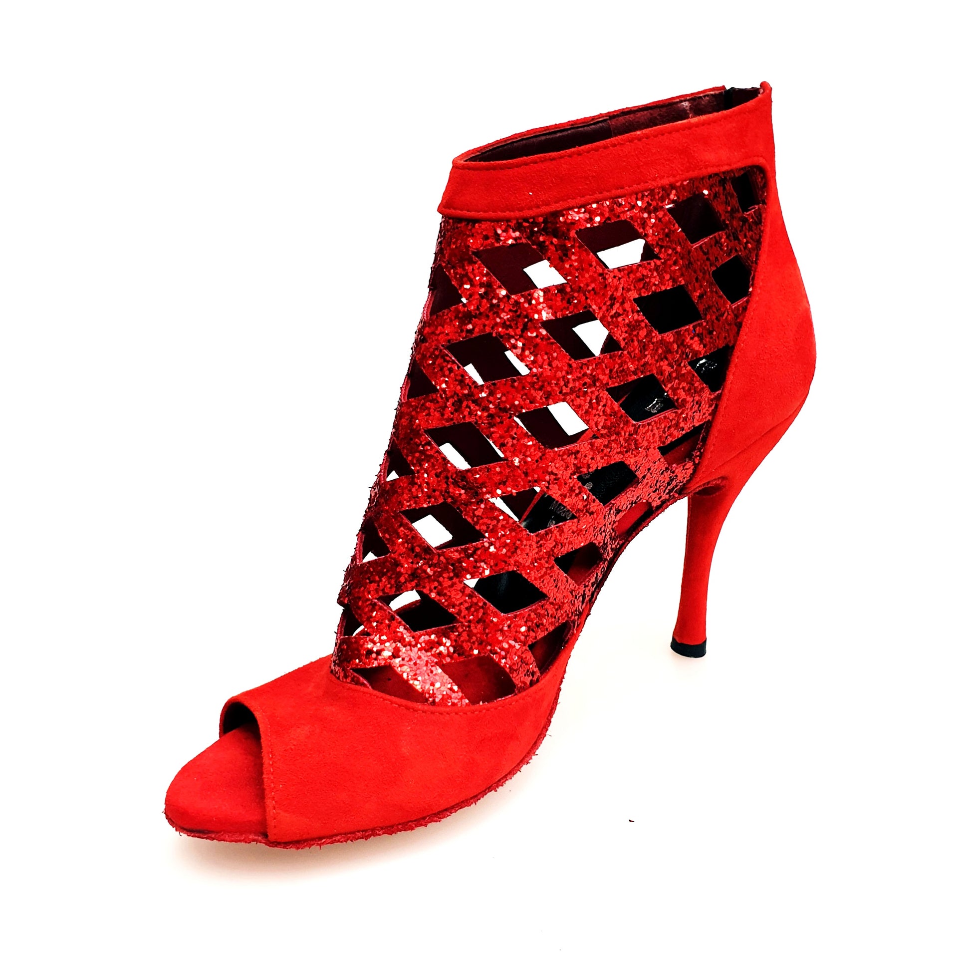 Sandalo da donna Letizia in camoscio rosso con dettaglio di cristalli rossi, stile tronchetto, brand Wish Dance Shop.