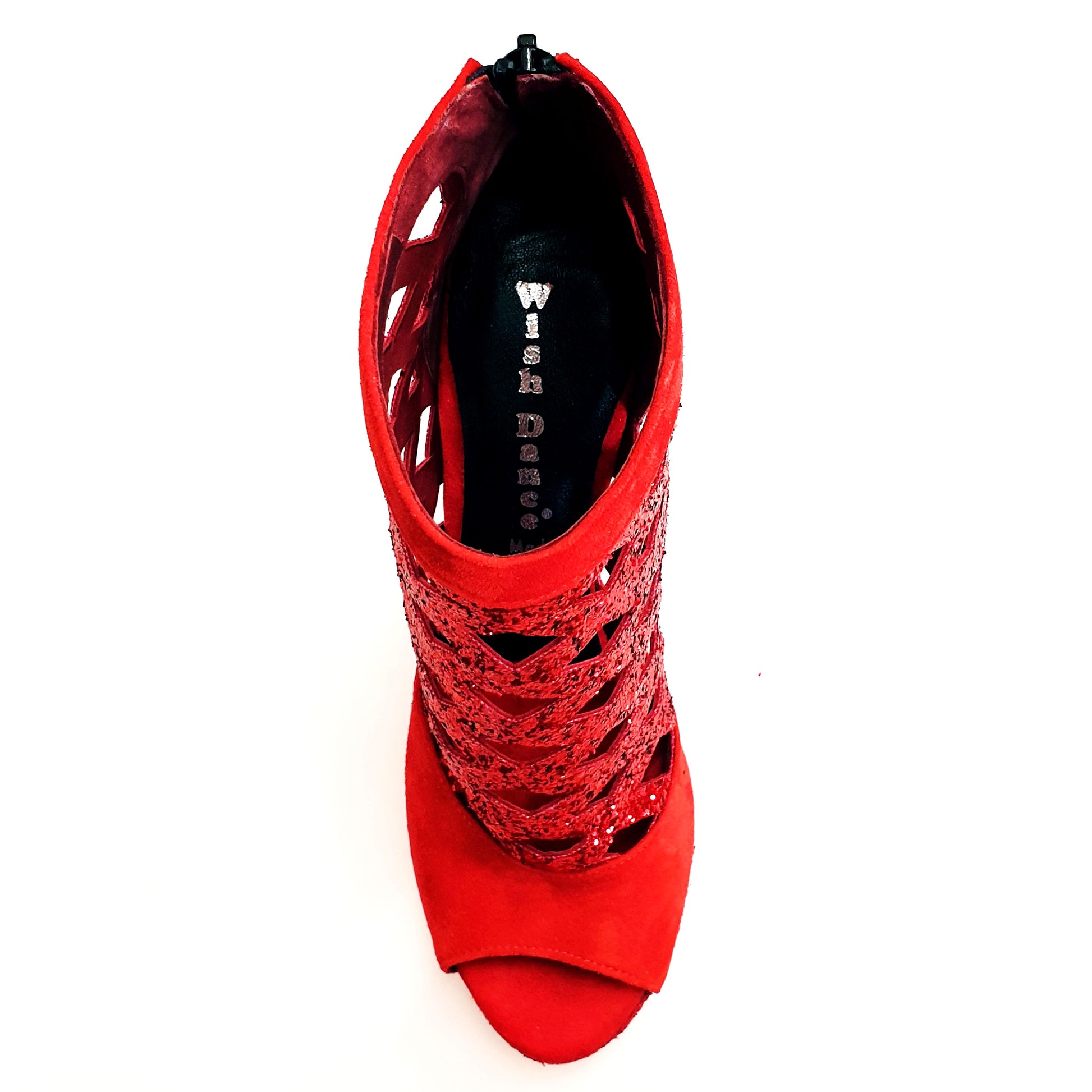 Sandalo da donna Letizia in camoscio rosso con dettaglio di cristallo rosso, tacco tronchetto, stile elegante e alla moda.