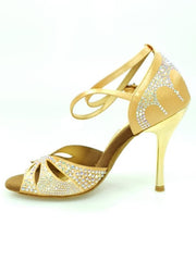 Carica immagine nella Galleria, Deluxe Butterfly (L2) - Scarpa da Ballo in Raso Seta Carne Flash con Swarovski Boreali Tacco a Spillo Laminato Oro
