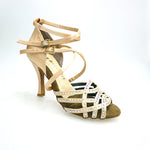 Carica immagine nella Galleria, Onda QD (BI-Flex) - Scarpa da Donna in Raso Seta Oro Flash chiaro Doppio Cinturino incrociato sulla Caviglia e sul Collopiede con Swarovski Boreali Parziale solo avanti e Fondo Extraflex Competition
