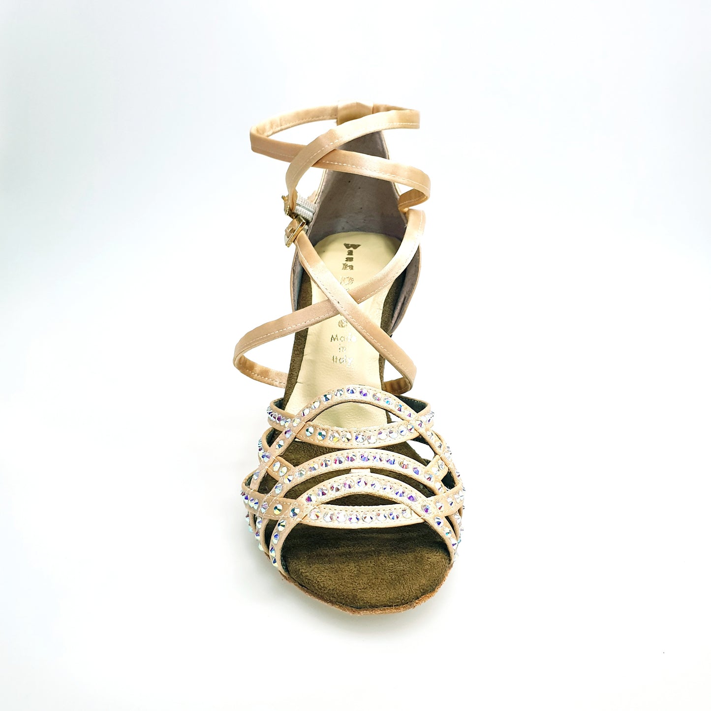 Scarpa da donna Wish Dance Shop Onda QD BI-Flex in raso seta oro flash, doppio cinturino incrociato, Swarovski Boreali, fondo extraflex.
