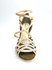 Load image into Gallery viewer, Onda QD (BI-Flex) - Scarpa da Donna in Raso Seta Oro Flash chiaro Doppio Cinturino incrociato sulla Caviglia e sul Collopiede con Swarovski Boreali Parziale solo avanti e Fondo Extraflex Competition
