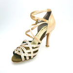 Carica immagine nella Galleria, Onda QD (BI-Flex) - Scarpa da Donna in Raso Seta Oro Flash chiaro Doppio Cinturino incrociato sulla Caviglia e sul Collopiede con Swarovski Boreali Parziale solo avanti e Fondo Extraflex Competition
