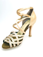 Load image into Gallery viewer, Onda QD (BI-Flex) - Scarpa da Donna in Raso Seta Oro Flash chiaro Doppio Cinturino incrociato sulla Caviglia e sul Collopiede con Swarovski Boreali Parziale solo avanti e Fondo Extraflex Competition
