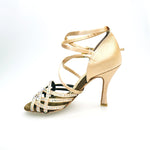 Carica immagine nella Galleria, Onda QD (BI-Flex) - Scarpa da Donna in Raso Seta Oro Flash chiaro Doppio Cinturino incrociato sulla Caviglia e sul Collopiede con Swarovski Boreali Parziale solo avanti e Fondo Extraflex Competition
