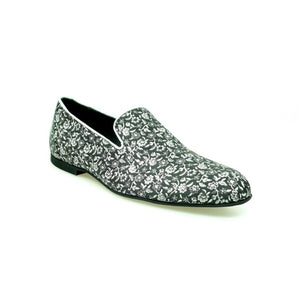Doge (800PJ) - Men's Moccasin in Silver Florato Venetian Fabric with Silver Lurex Profiles Covered in Genuine Italian Leather