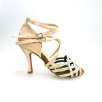 Carica immagine nella Galleria, Onda QD (BI-Flex) - Scarpa da Donna in Raso Seta Oro Flash chiaro Doppio Cinturino incrociato sulla Caviglia e sul Collopiede con Swarovski Boreali Parziale solo avanti e Fondo Extraflex Competition

