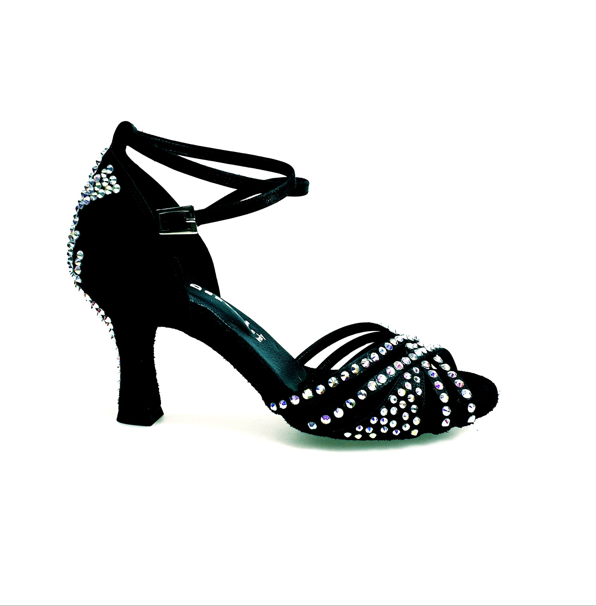 Scarpa da donna Wish Dance Shop Soledàd QB Plus in raso di seta nera con cinturino incrociato e dettagli Swarovski Boreali.