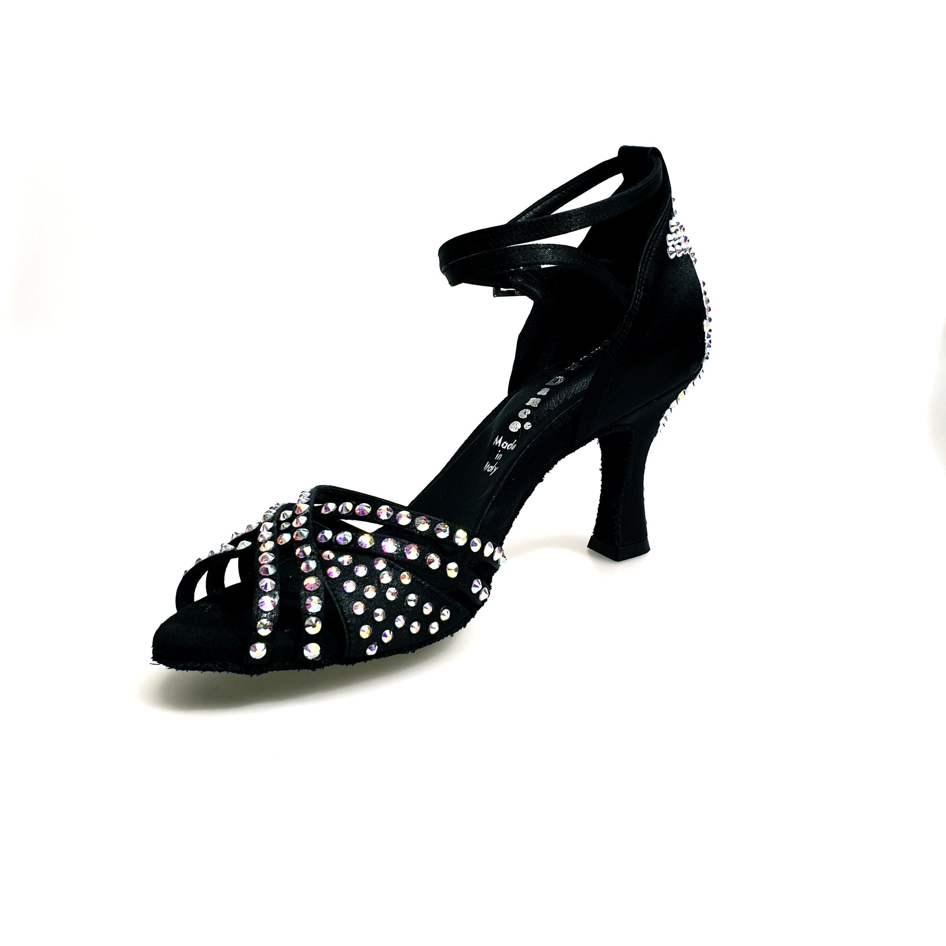 Scarpa da donna Soledàd QB Plus in raso di seta nera con cinturino incrociato alla caviglia e dettagli Swarovski Boreali