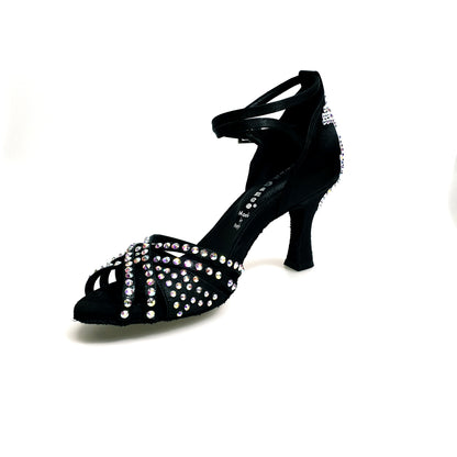 Scarpa da donna Soledàd QB Plus in raso di seta nera con cinturino incrociato alla caviglia e dettagli Swarovski Boreali