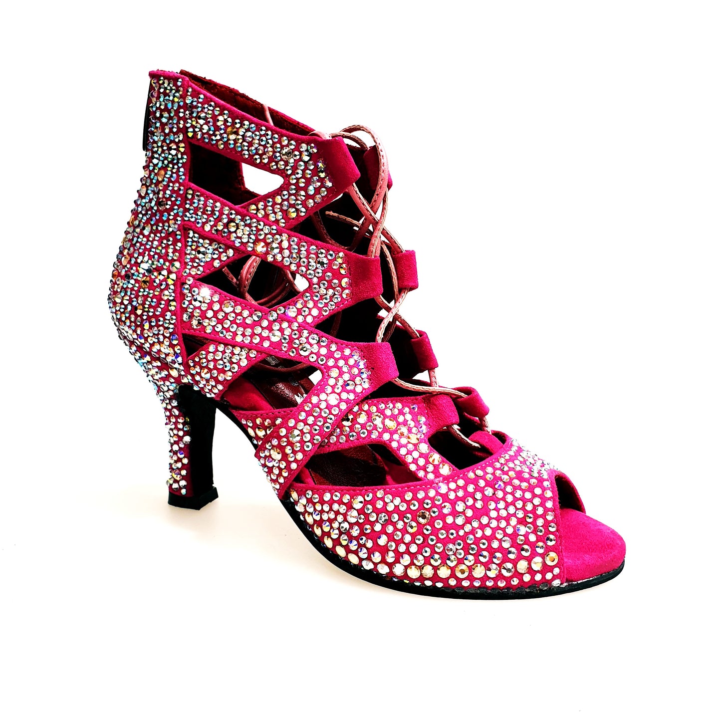 Sandalo a tronchetto Olimpya Extra Plus in camoscio fuxia con Swarovski Boreali e tacco a rocchetto, vista frontale.