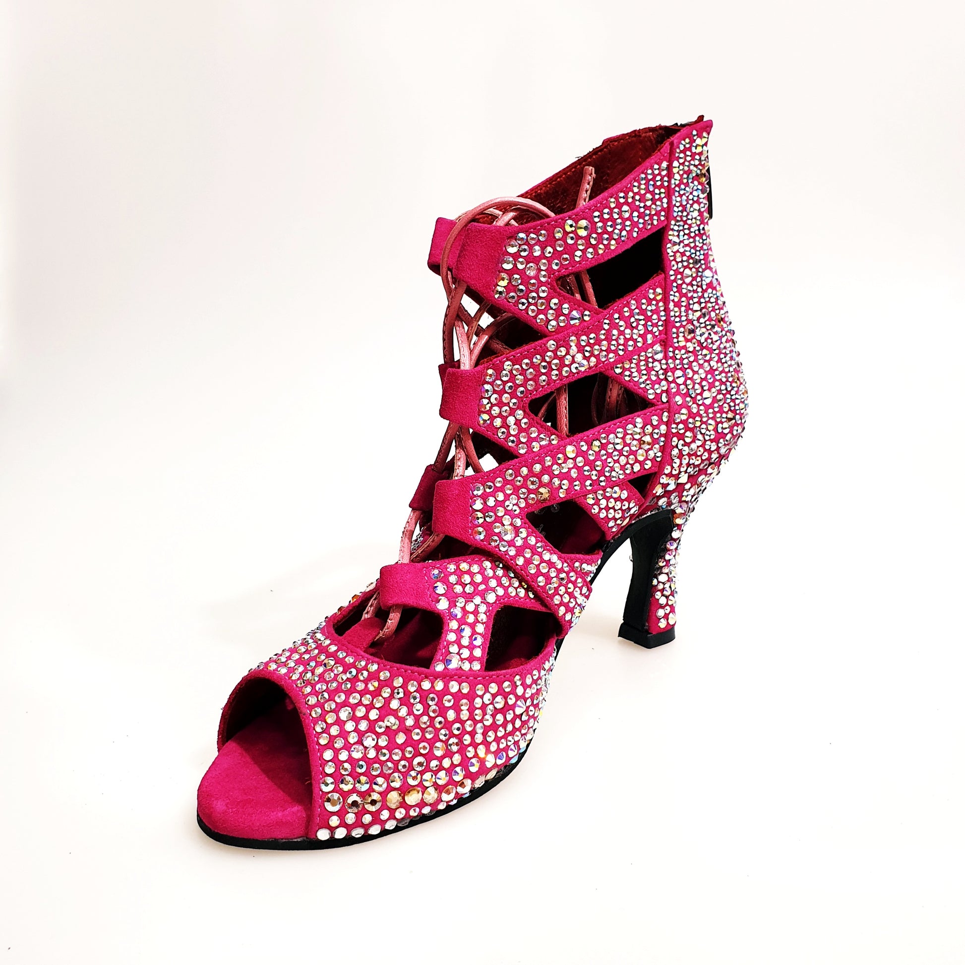 Sandalo a tronchetto Olimpya Extra Plus in camoscio fuxia con Swarovski Boreali e tacco a rocchetto, calzature Wish Dance Shop