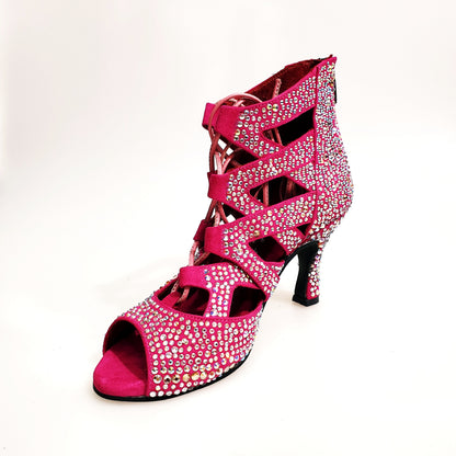 Sandalo a tronchetto Olimpya Extra Plus in camoscio fuxia con Swarovski Boreali e tacco a rocchetto, calzature Wish Dance Shop