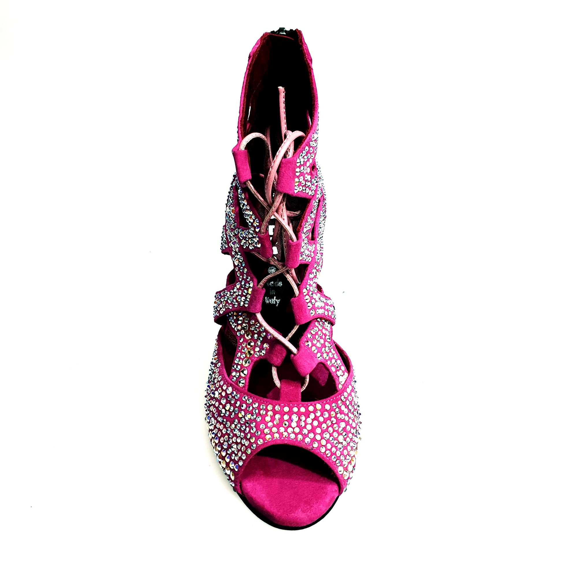 Sandalo a tronchetto Olimpya Extra Plus in camoscio fuxia con Swarovski boreali e tacco a rocchetto, stile elegante e moderno.