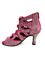 Load image into Gallery viewer, Olimpya Extra Plus - Sandalo a Tronchetto in Camoscio Fuxia con Swarovski Boreali e Tacco a Rocchetto
