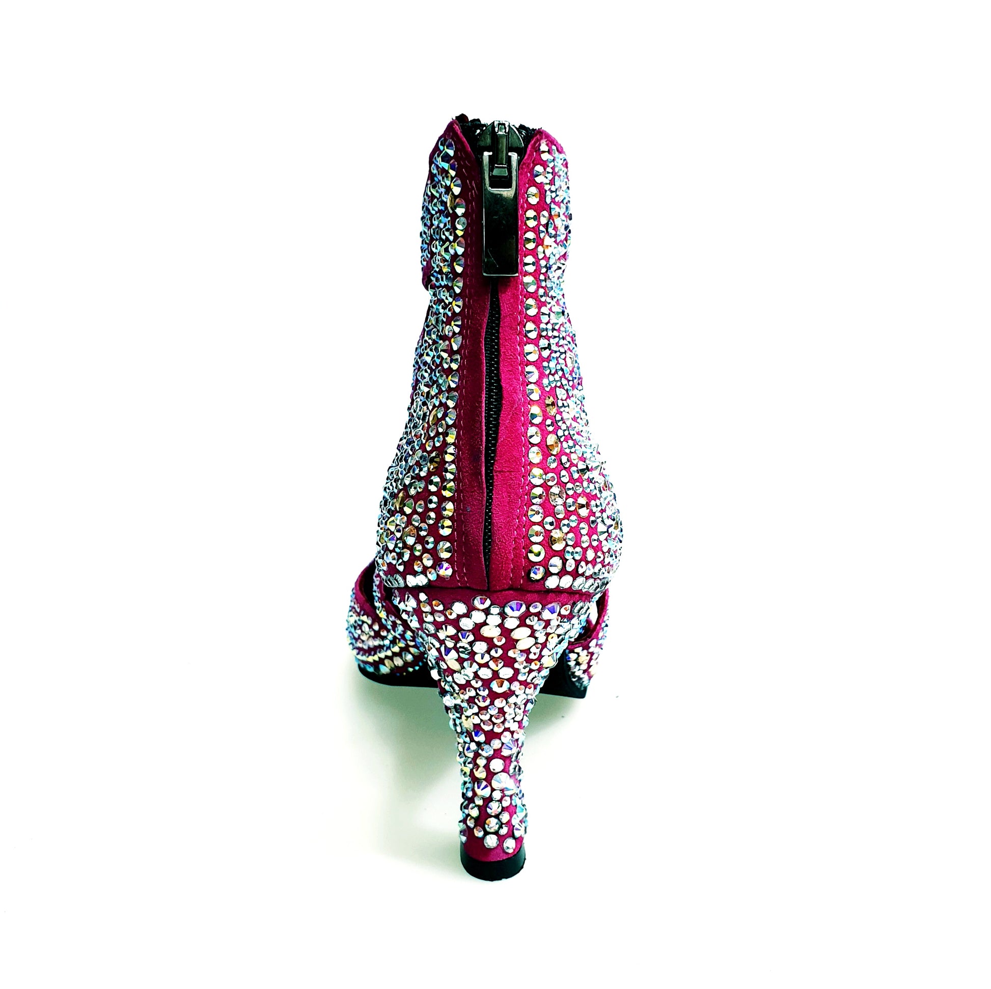 Sandalo a tronchetto Olimpya Extra Plus in camoscio fuxia con Swarovski Boreali e tacco a rocchetto, stile elegante e colorato