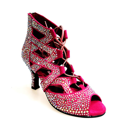 Sandalo a tronchetto Olimpya Extra Plus in camoscio fuxia con Swarovski boreali e tacco a rocchetto, scarpe Wish Dance Shop