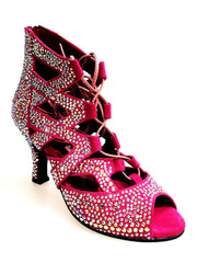 Load image into Gallery viewer, Olimpya Extra Plus - Sandalo a Tronchetto in Camoscio Fuxia con Swarovski Boreali e Tacco a Rocchetto
