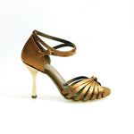 Load image into Gallery viewer, Pepa (210 / 7L) - Basic Ladies Dance Shoe with Knot in Satin Silk Bronze Stiletto Heel Laminated Gold Copper with 7 Straps Covered in Suede
