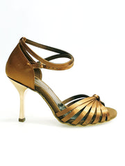 Carica immagine nella Galleria, Pepa (210/7L) - Scarpa da Ballo Basica da Donna con Nodino in Raso Seta Bronzo Tacco a Stiletto Laminato Oro Ramato con 7 Fascette Rivestite in Camoscio
