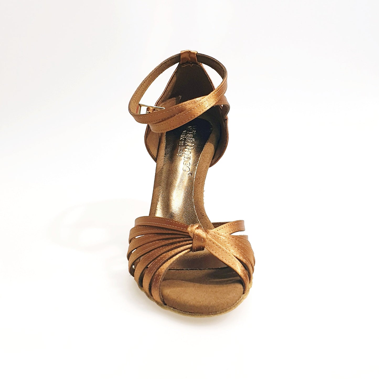 Scarpa da ballo Wish Dance Shop Pepa 210/7L con tacco a stiletto, nodino in raso seta bronzo e fascette in camoscio dorato.