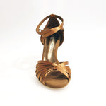 Load image into Gallery viewer, Pepa (210 / 7L) - Basic Ladies Dance Shoe with Knot in Satin Silk Bronze Stiletto Heel Laminated Gold Copper with 7 Straps Covered in Suede
