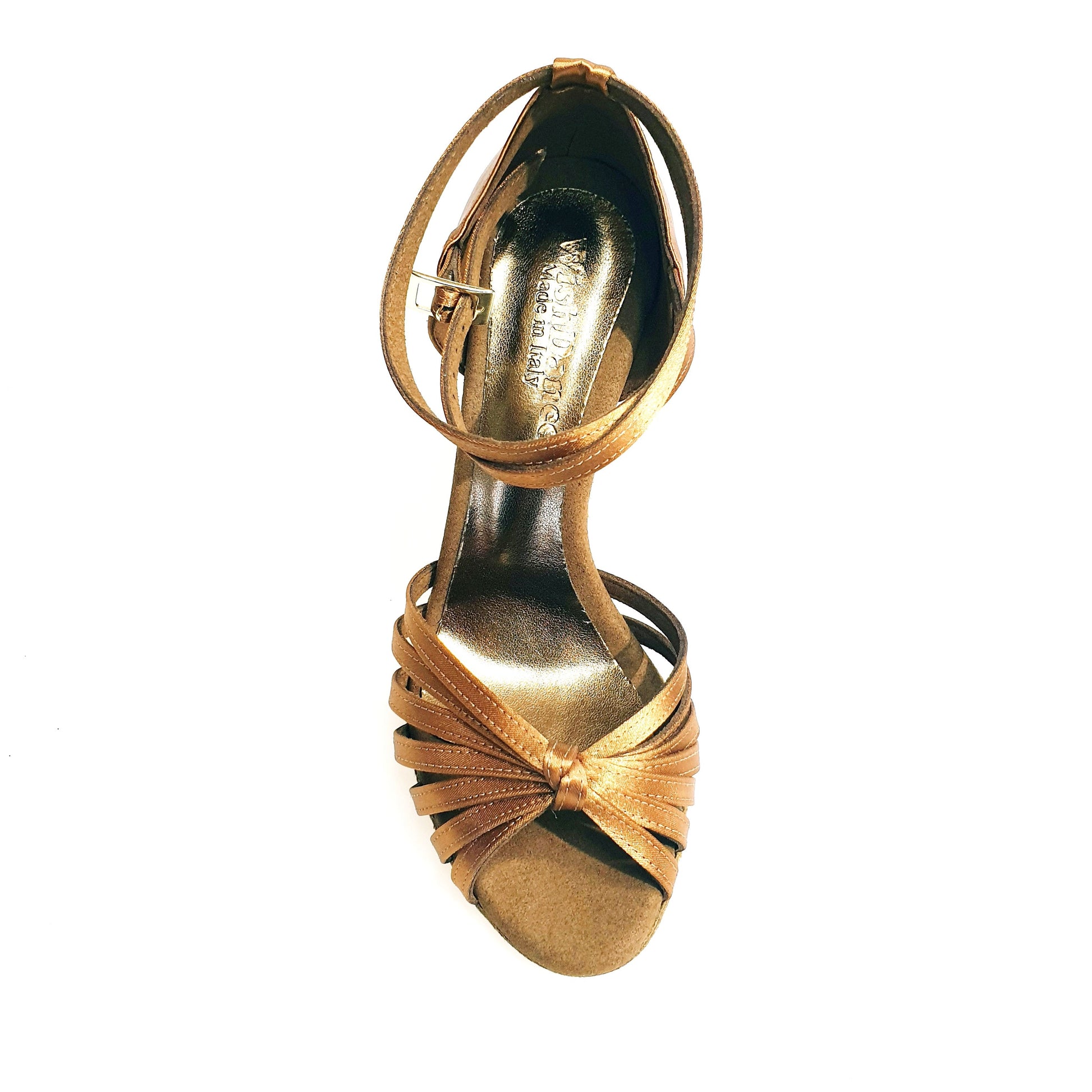 Scarpa da ballo Wish Dance Shop Pepa 210/7L con tacco a stiletto, raso seta bronzo, fascette in camoscio e dettagli laminati oro ramato