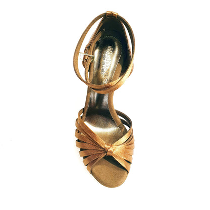 Scarpa da ballo Wish Dance Shop Pepa 210/7L con tacco a stiletto, raso seta bronzo, fascette in camoscio e dettagli laminati oro ramato