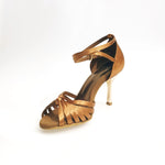 Load image into Gallery viewer, Pepa (210 / 7L) - Basic Ladies Dance Shoe with Knot in Satin Silk Bronze Stiletto Heel Laminated Gold Copper with 7 Straps Covered in Suede
