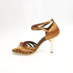 Load image into Gallery viewer, Pepa (210 / 7L) - Basic Ladies Dance Shoe with Knot in Satin Silk Bronze Stiletto Heel Laminated Gold Copper with 7 Straps Covered in Suede
