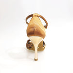 Load image into Gallery viewer, Pepa (210 / 7L) - Basic Ladies Dance Shoe with Knot in Satin Silk Bronze Stiletto Heel Laminated Gold Copper with 7 Straps Covered in Suede
