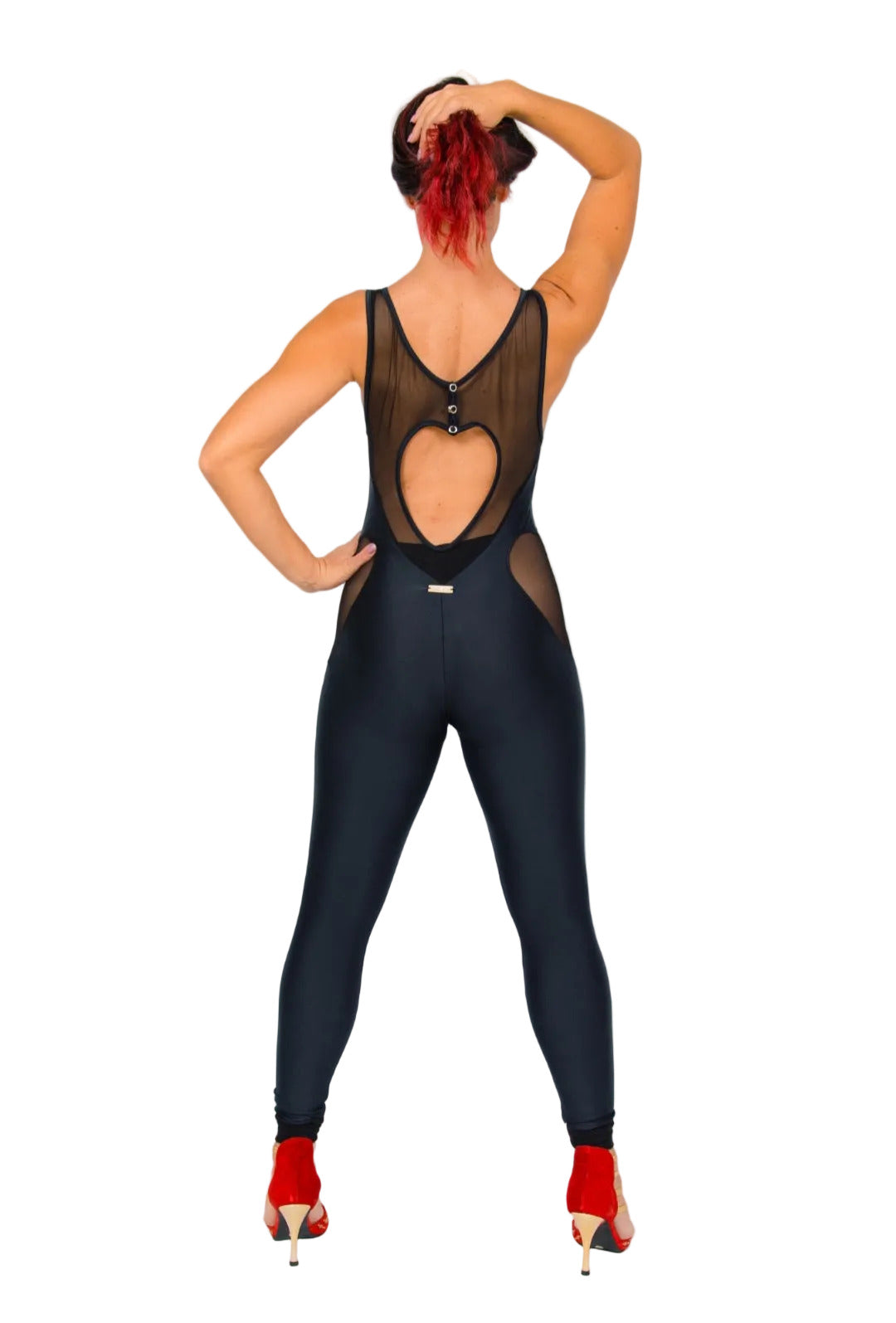 Completo jumpsuit nero in microfibra elastica traspirante, modello contenitivo e modellante, marca Wish Dance Shop.