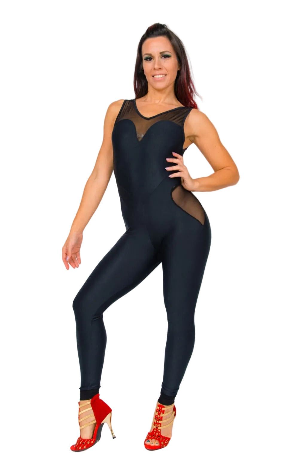 Completo jumpsuit nero Andrea Geneve Wish Dance Shop in microfibra elastica traspirante e modellante, con dettaglio a forma di cuore.