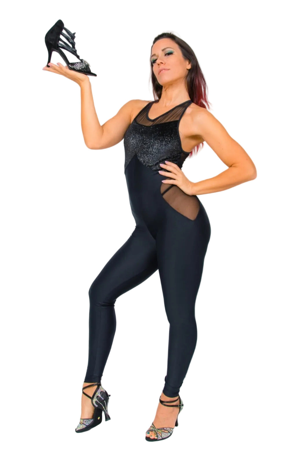 Giacca jumpsuit nera in ciniglia lucida con dettagli glitter argento, morbido e modellante, visibile in dettaglio.