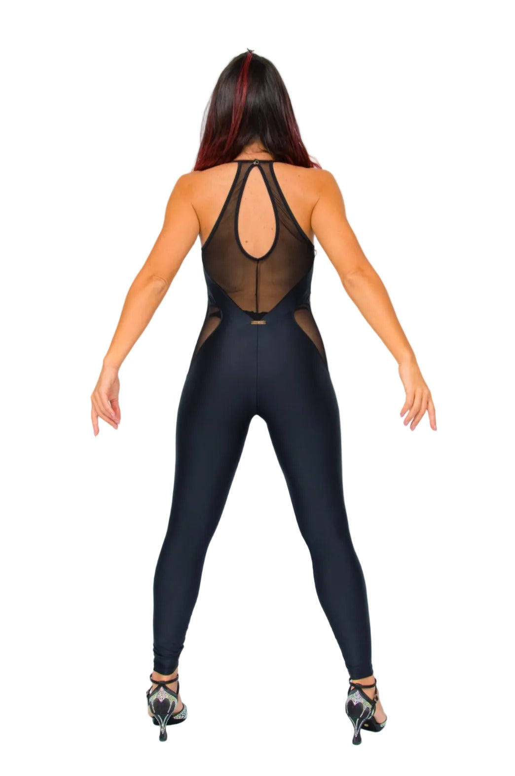 Completino jumpsuit nero in ciniglia elasticizzata con dettagli glitter argento, modellante e traspirante, con microfibra contenitiva.