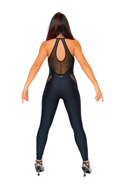 Completino jumpsuit nero in ciniglia elasticizzata con dettagli glitter argento, modellante e traspirante, con microfibra contenitiva.