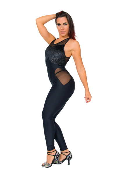 Completo jumpsuit nero in ciniglia con glitter argento, modello modellante e traspirante, con dettagli puntinati e microfibra elastica.