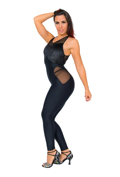 Salopette nera in ciniglia elastica con dettagli glitter argento, modello contenitivo e traspirante di Teresa Florence Wish Dance Shop