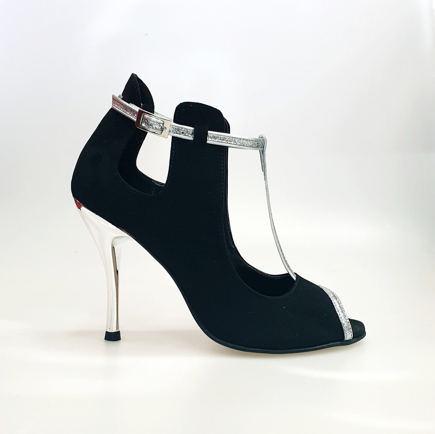 Scarpa in camoscio nero Jenny con dettagli e cinturini in glitter argento, stile elegante e alla moda, Wish Dance Shop