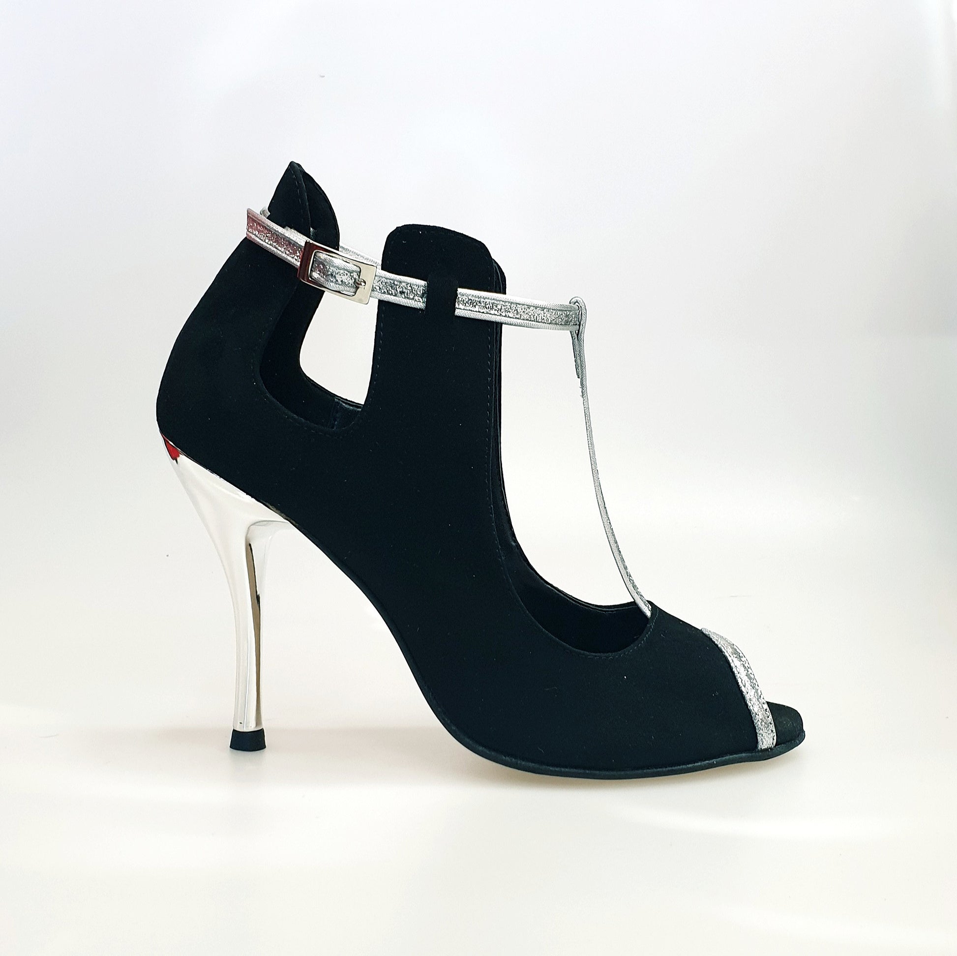 Scarpa in camoscio nero Jenny con dettagli e cinturini in glitter argento, stile elegante e alla moda, Wish Dance Shop