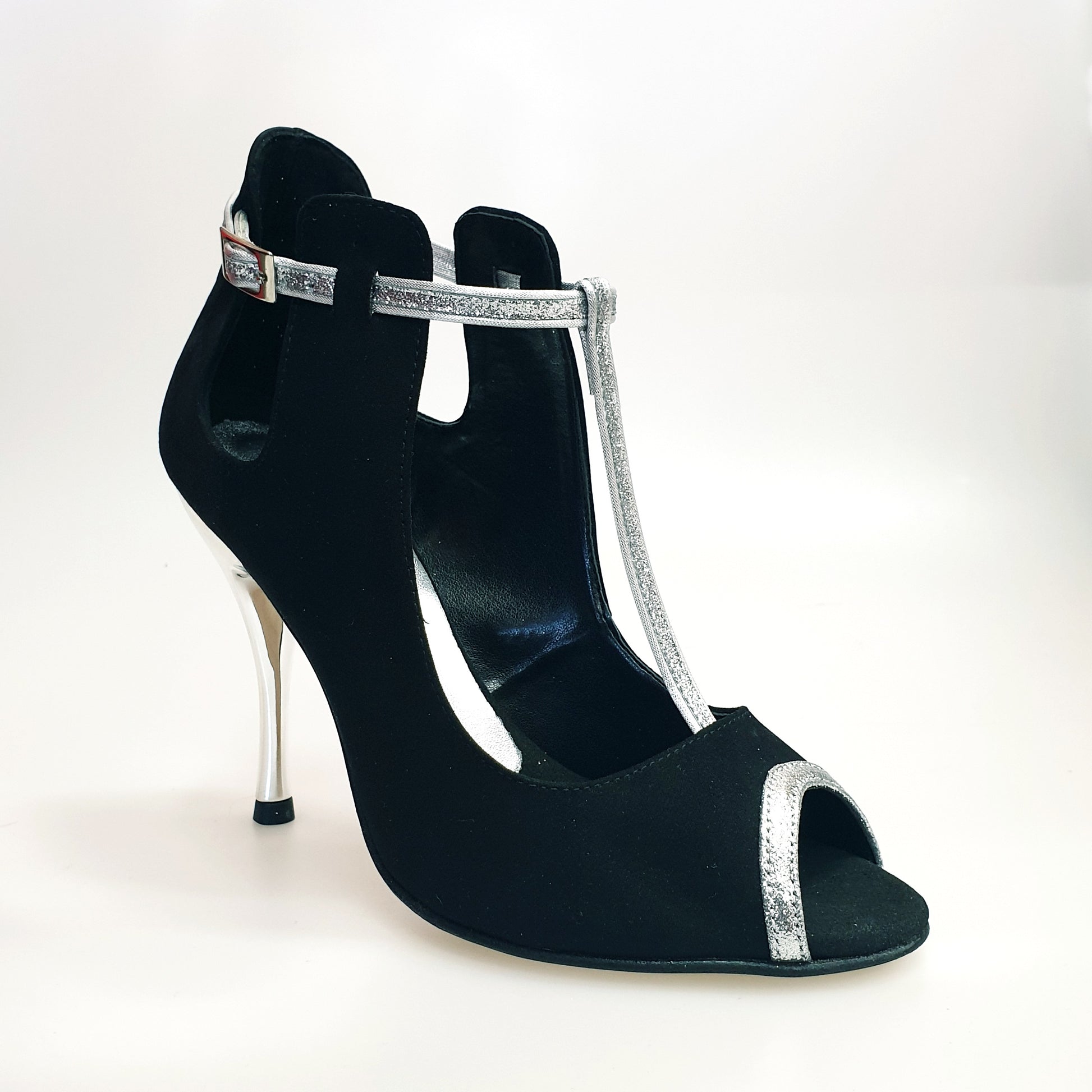 Scarpa in camoscio nero Jenny (18/06) con dettagli e cinturini in glitter argento, elegante calzatura Wish Dance Shop