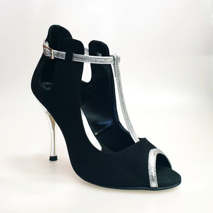 Scarpa in camoscio nero Jenny (18/06) con dettagli e cinturini in glitter argento, elegante calzatura Wish Dance Shop