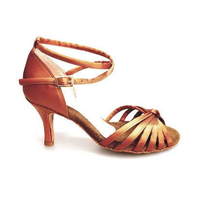 Scarpa da ballo donna Patty QB Wish Dance Shop in raso seta bronzo con cinturino doppio, tacco a spillo largo e fascette.