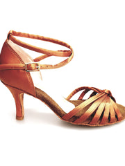 Carica immagine nella Galleria, Patty QB (28QB) - Scarpa da Ballo Basica da Donna in Raso Seta Bronzo Nodino con 6 Fascette e cinturino doppio sulla caviglia con Tacco a Spillo Largo
