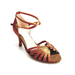 Carica immagine nella Galleria, Patty QB (28QB) - Scarpa da Ballo Basica da Donna in Raso Seta Bronzo Nodino con 6 Fascette e cinturino doppio sulla caviglia con Tacco a Spillo Largo
